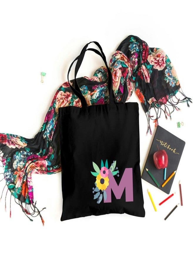 Roundsun Magnetic Button Closure Alphabet Printed Cotton Canvas Vertical Tote Bag | 300 GSM Cloth | No Zipper | No Inner Pocket | Multi-Purpose Bag | Reusable | Eco Friendly Yet Trendy (Alphabet M, Black) - Image 3